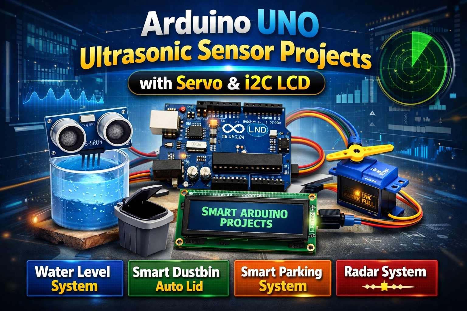 Arduino UNO Ultrasonic Sensor Projects with Servo & I2C LCD